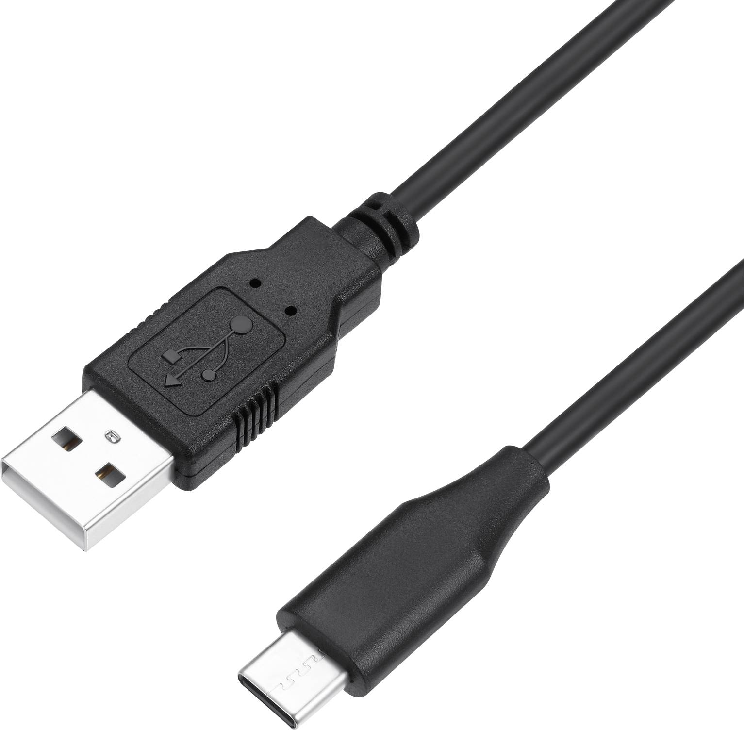 Čierny USB kábel s USB-A zástrčkou a USB-C zástrčkou, vhodný na prepojenie a nabíjanie elektronických zariadení.