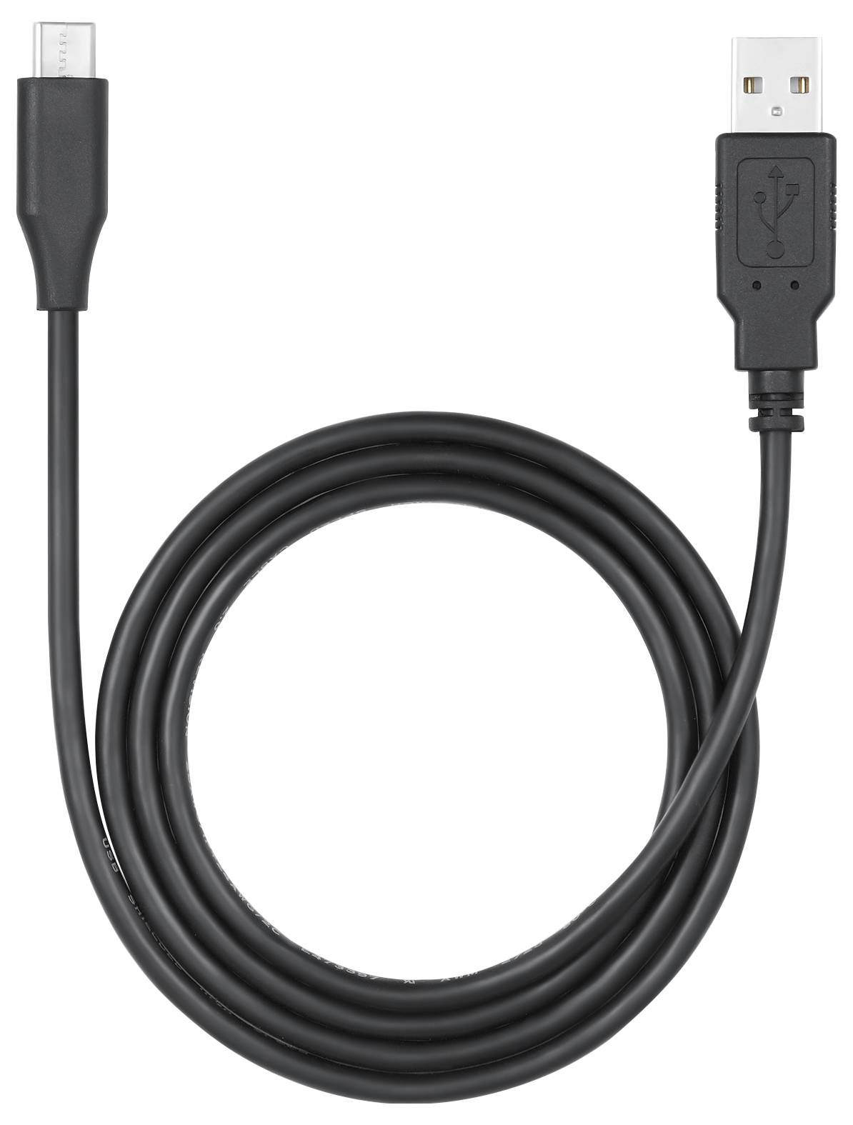 Čierny USB kábel so zástrčkou USB-A na jednej strane a mikro-USB zástrčkou na druhej strane, zvinutý do kotúča.