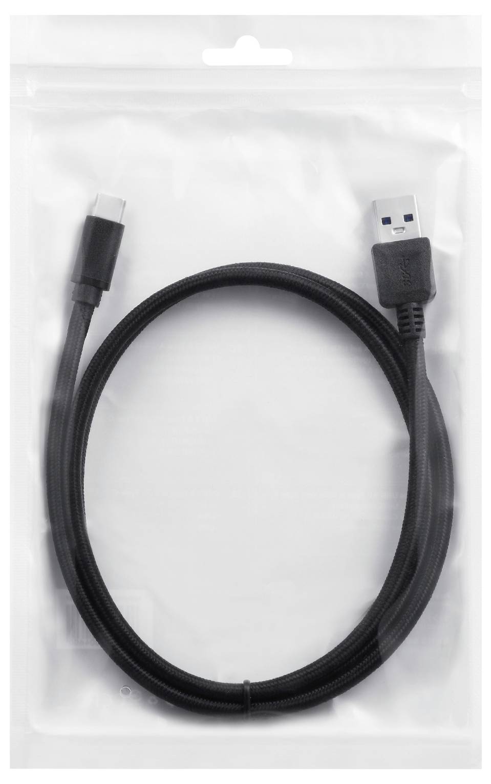 USB kábel v priehľadnom obale; jedna strana USB-A, druhá USB-C.