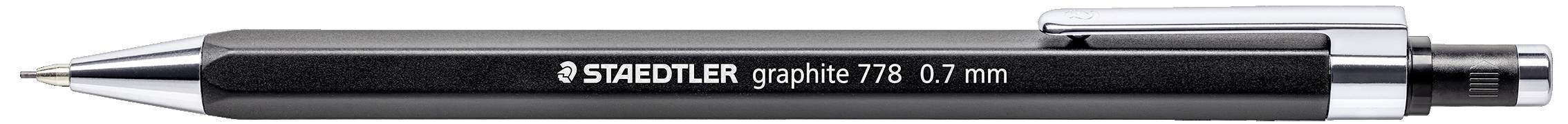 Čierny mechanický ceruzka značky STAEDTLER s grafitovou mikromínou 0,7 mm. Kovový klip je umiestnený v hornej pravej časti tela ceruzky.