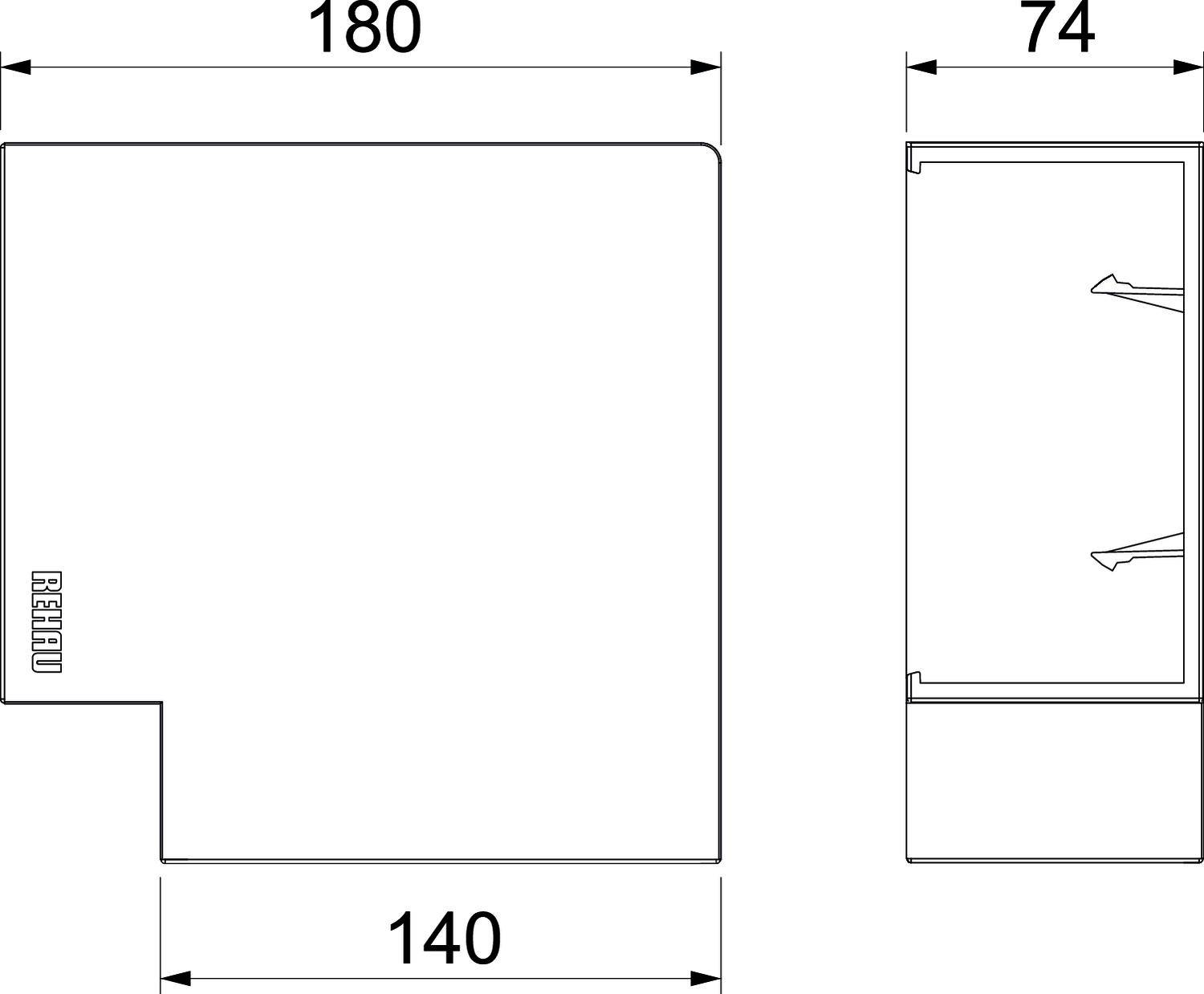 Technický výkres profilu s rozmermi 180 mm a 140 mm šírky, 74 mm hĺbky. V ľavom hornom rohu je zobrazené logo 'REHAU'.