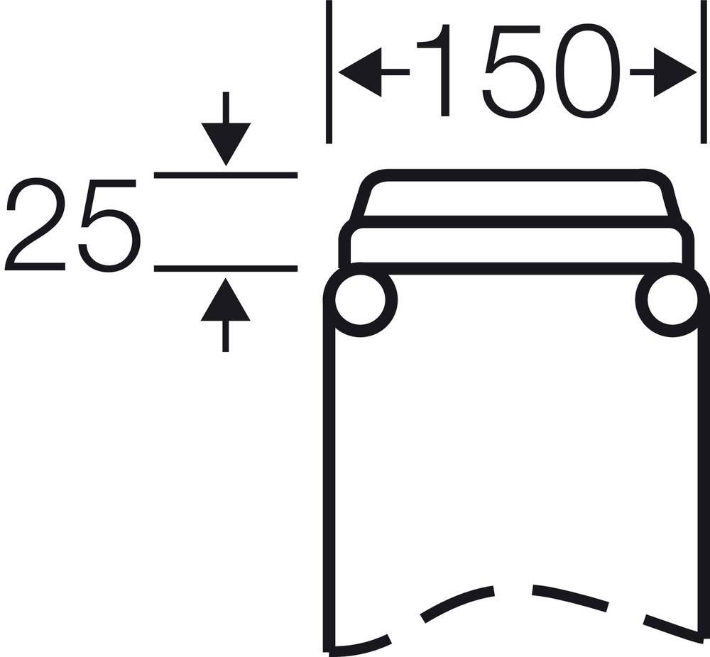 Diagram znázorňuje prierezové rozmery valcového objektu: priemer 150, výška 25.