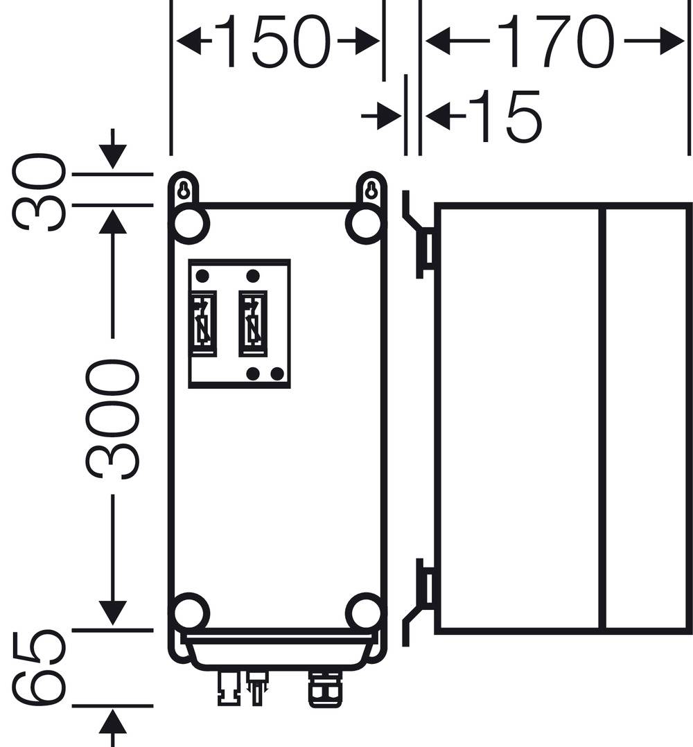 Technický výkres obdĺžnikového zariadenia s rozmermi: výška 300 mm, šírka 150 mm a dodatočné označenia na 170 mm a 15 mm.