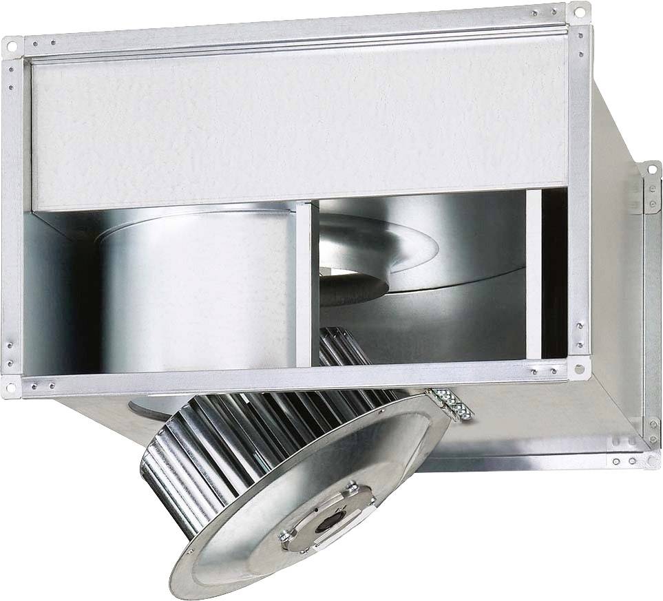 Kovový vetracích kanál s viditeľným ventilátorovým kolesom a obdĺžnikovým rámom, používaný na vetranie budov.