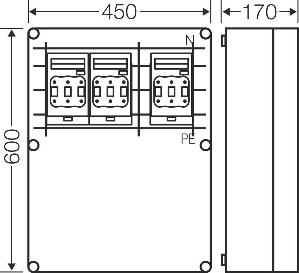 Výkres obdĺžnikového elektrického rozvádzača. Rozmery: 450 mm šírka, 600 mm výška, 170 mm hĺbka. Obsahuje tri zásuvky.
