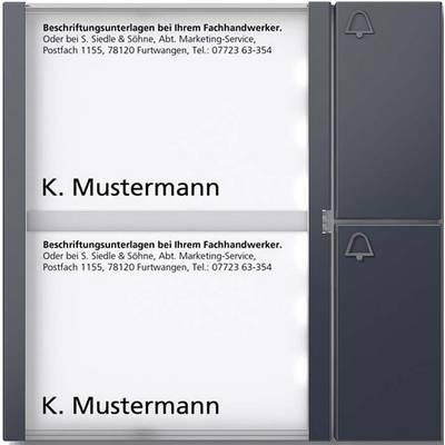 Na štítku sú dvakrát uvedené iniciály 'K. Mustermann'. Hore je text vzťahujúci sa k objednávke označovacích podkladov u firmy Siedle & Söhne.