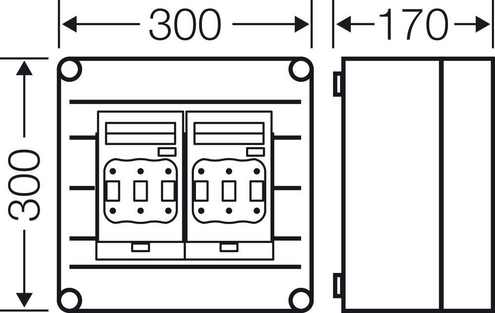 Výkres elektrického rozvádzača s dvoma zásuvkami. Rozmery: 300 x 300 x 170 mm. Obdĺžnikový tvar s montážnymi otvormi v rohoch.