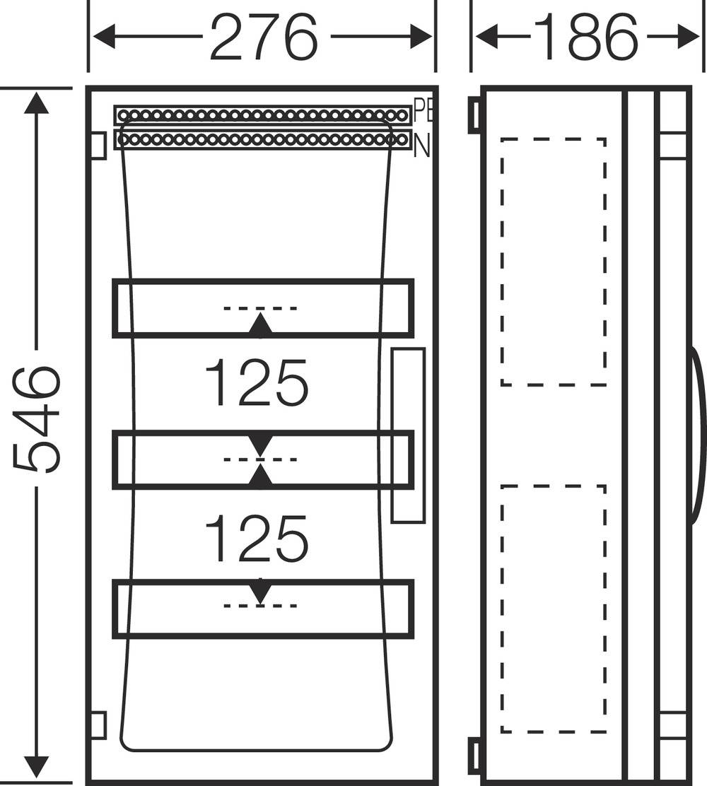 Náčrt rozvádzača s pohľadom spredu a zboku. Rozmery: 276 mm šírka, 546 mm výška, 186 mm hĺbka. Vzdialenosť medzi policami 125 mm.