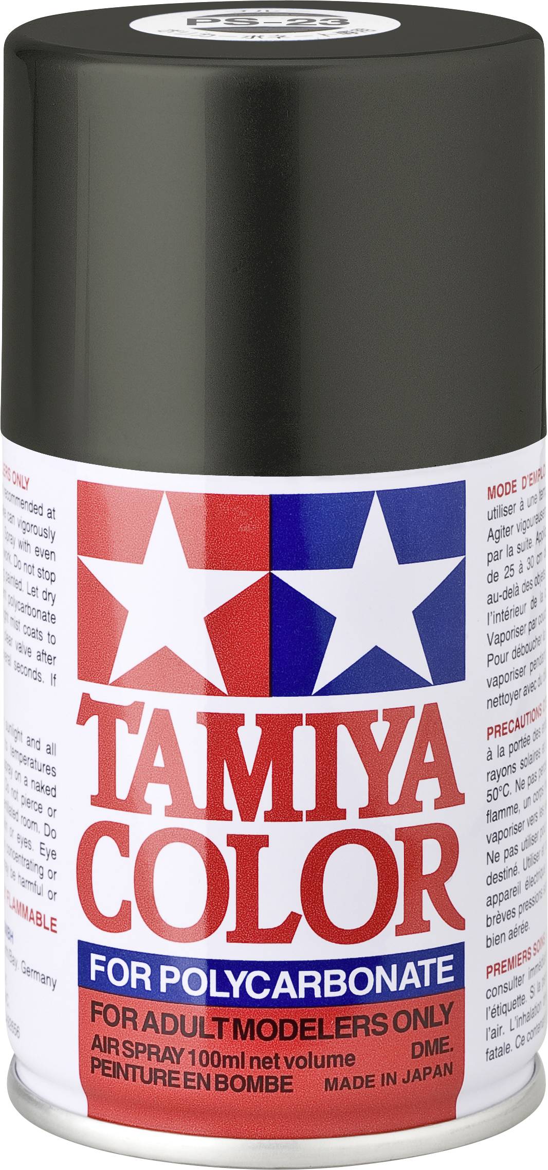 Čierna sprejová farba 'Tamiya Color' pre polykarbonovú karosériu. Nápis: 'Len pre dospelých modelárov'. Objem 100 ml. Vyrobené v Japonsku.