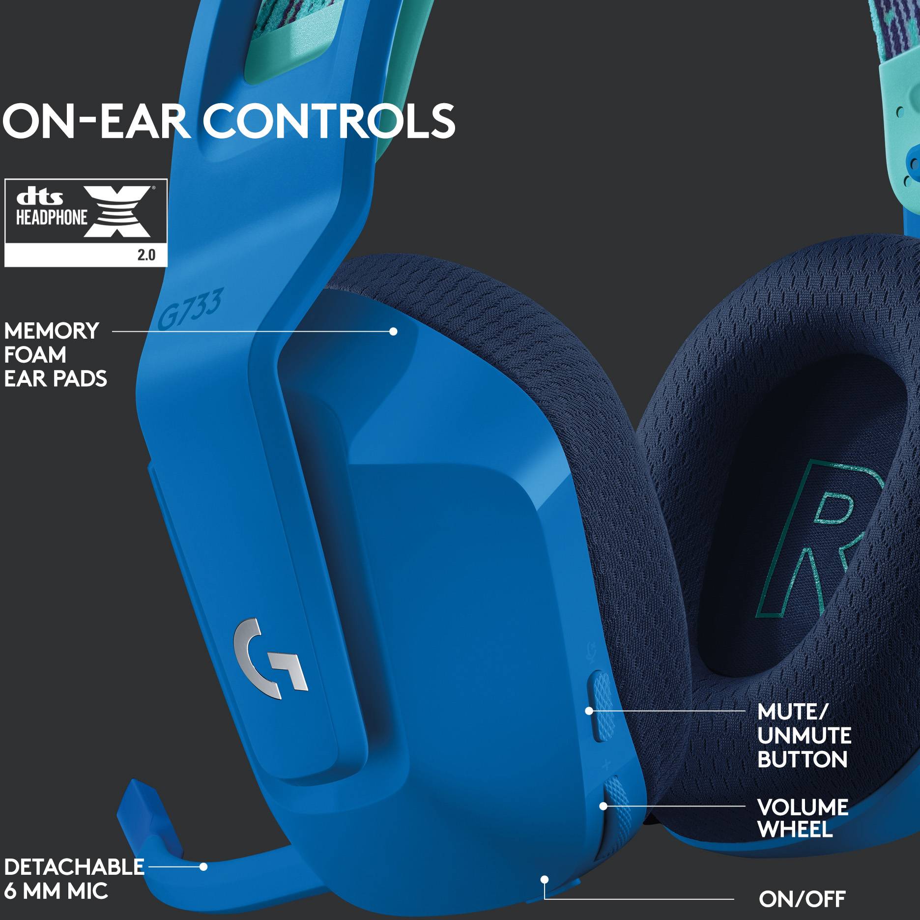 Modré over-ear slúchadlá s ovládacími prvkami ako stlmenie zvuku, regulátor hlasitosti a zapínač/vypínač. Označené logom 'dts Headphone:X 2.0'.