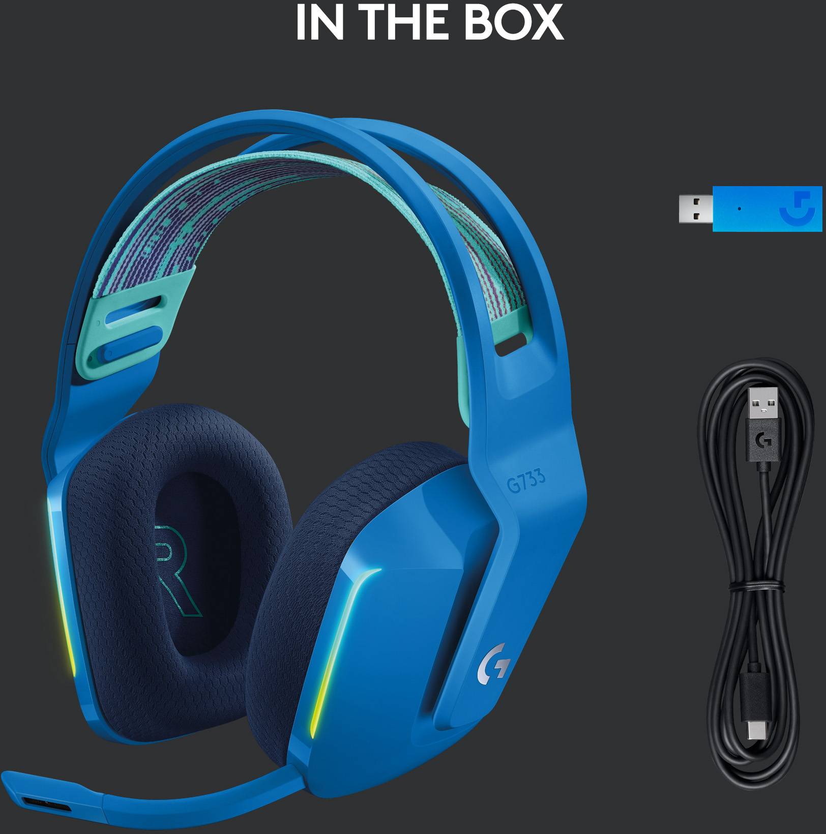 Bezdrôtový herný headset v modrej farbe s mikrofónom a RGB podsvietením. Vrátane USB donglu a nabíjacieho kábla. Model GT35.