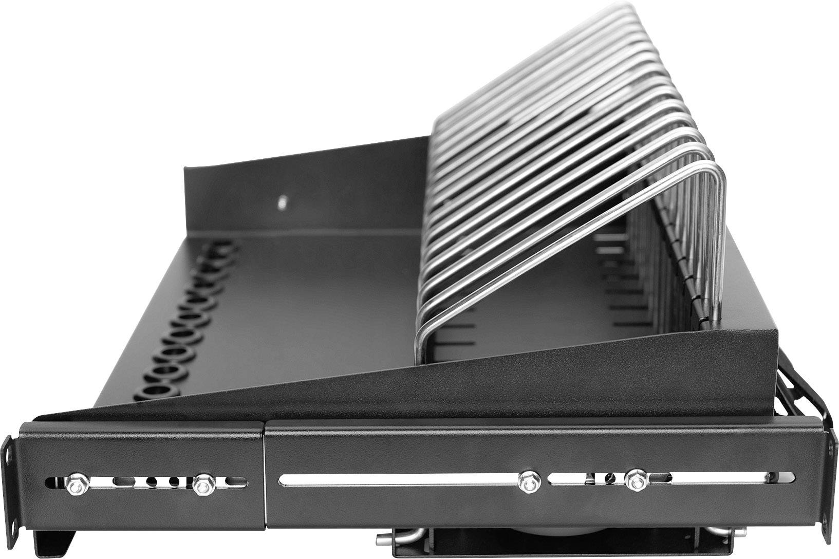 Kovový stojan na dokumenty s viacerými štrbinami pre vertikálne uloženie dokumentov, pohľad z boku.