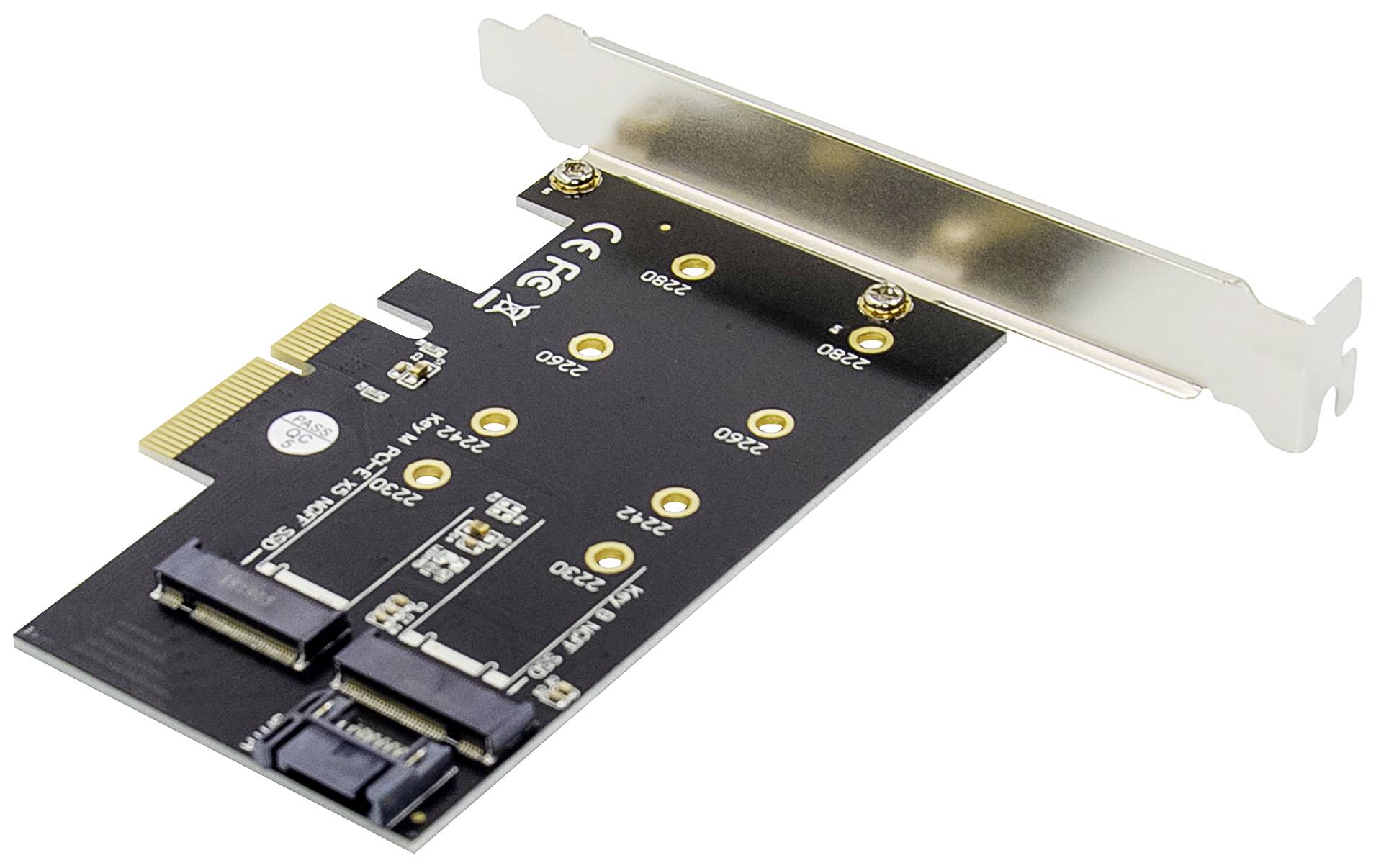 PCIe adaptérová karta so slotem pre M.2 SSD. Má zlaté kontakty a kovový plech na upevnenie v počítačovej skrinke.