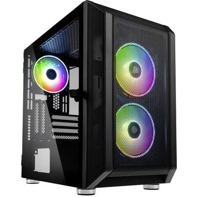 Čierna PC skrinka s RGB podsvietenými ventilátormi vpredu a hore. Bočné sklenené okno odhaľuje vnútornú štruktúru.