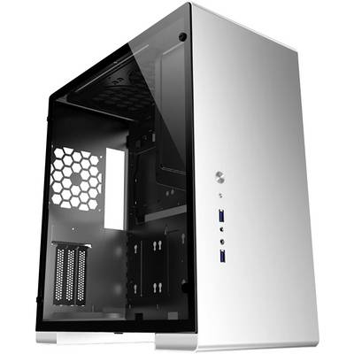 Strieborný, minimalistický PC kryt so sklenenou bočnou stenou, viacerými miestami pre ventilátory a dvoma USB portami na prednej strane.