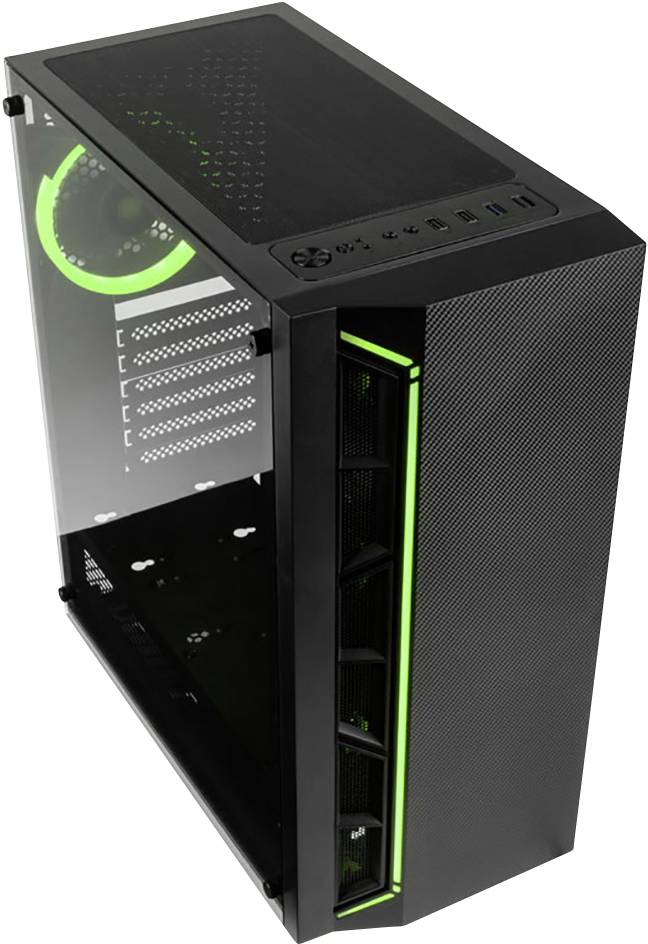 Herný PC case s priehľadným bočným oknom, zeleno podsvietenými ventilátormi a viacerými možnosťami chladenia, poskytuje priestor pre rozšírenia.