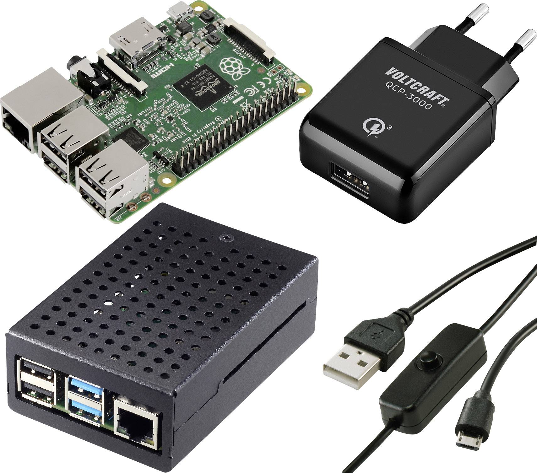 'Raspberry Pi so sieťovým adaptérom, krytom a USB káblom s vypínačom. Ideálny pre DIY technické projekty a elektronické experimenty.'