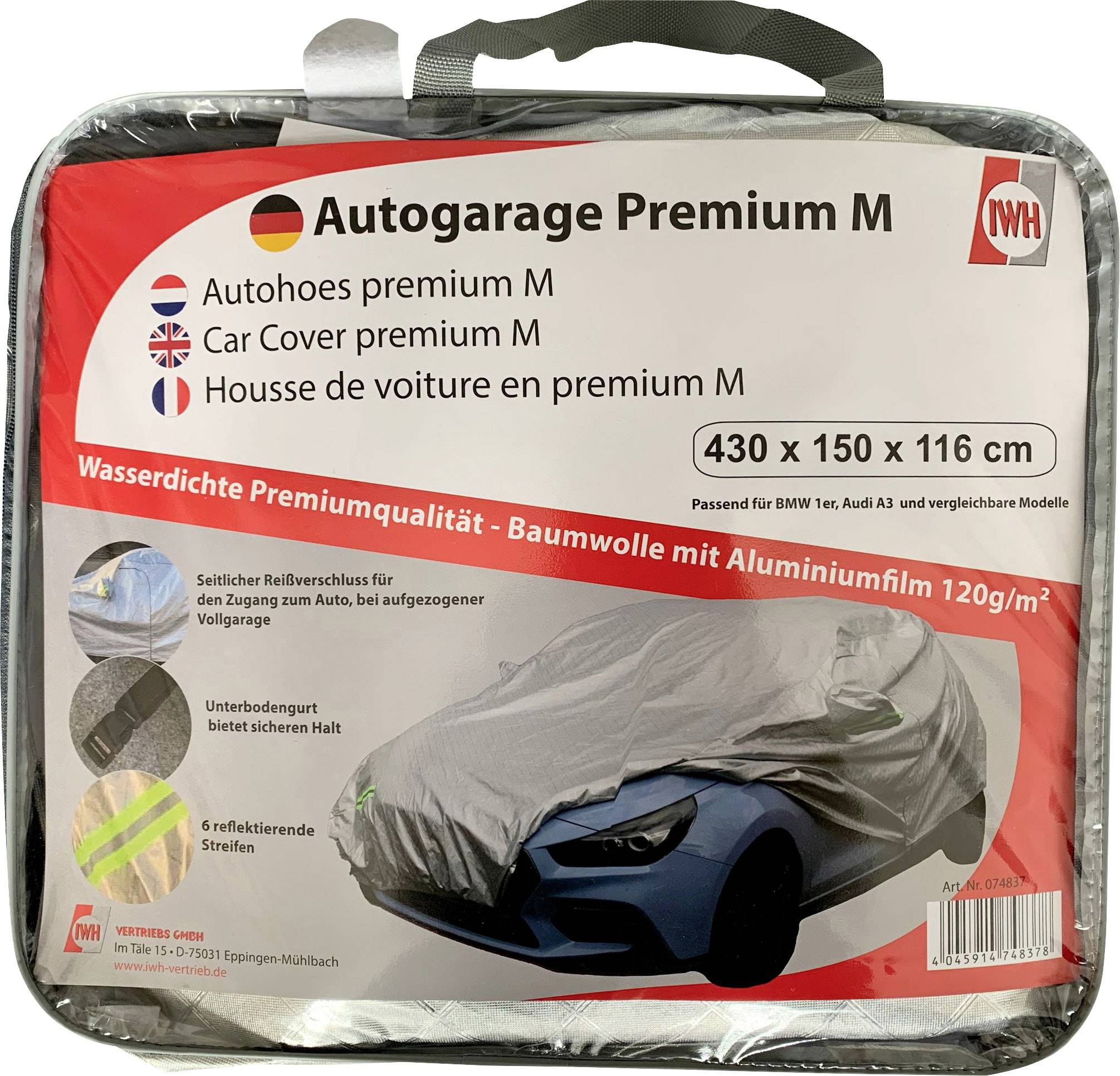 Priesvitná taška s potlačou 'Autogaráž Premium M'. Obrázok auta s ochranným krytom. Rozmery: 430 x 150 x 116 cm.