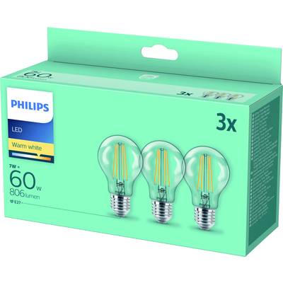 Balenie s tromi LED žiarovkami značky 'Philips', 7W, 806 lúmenov, teplá biela, pätica E27, zodpovedá 60W klasickým žiarovkám.