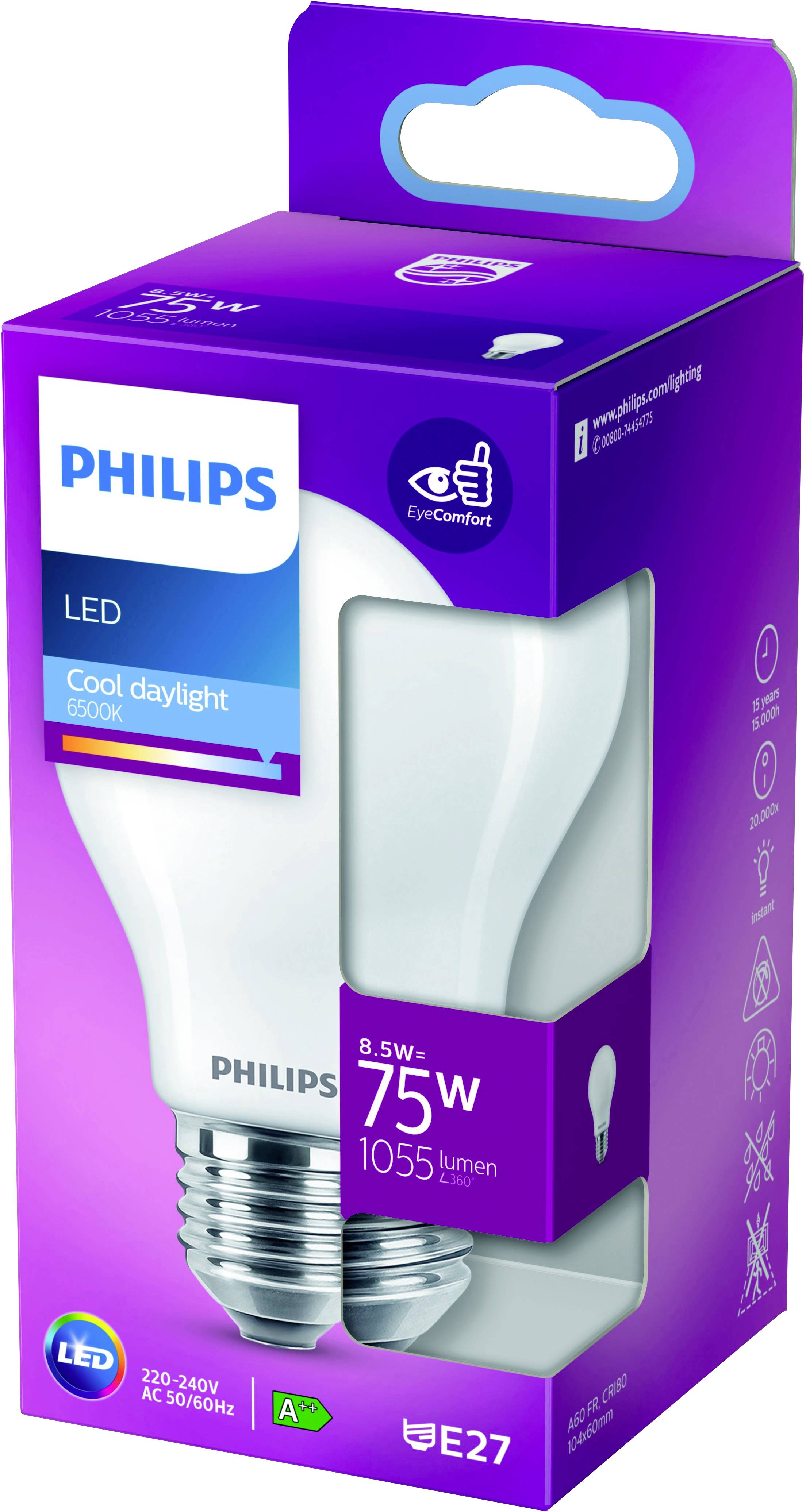 Philips LED žiarovka, studené denné svetlo, 8,5W, náhrada za 75W, 1055 lúmenov, E27, energeticky úsporná (A++), logo EyeComfort viditeľné.
