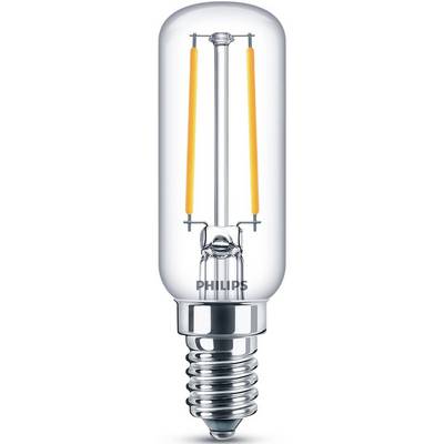 Priehľadná žiarovka značky Philips s viditeľnou vertikálnou LED filamentovou štruktúrou a päticou E14.