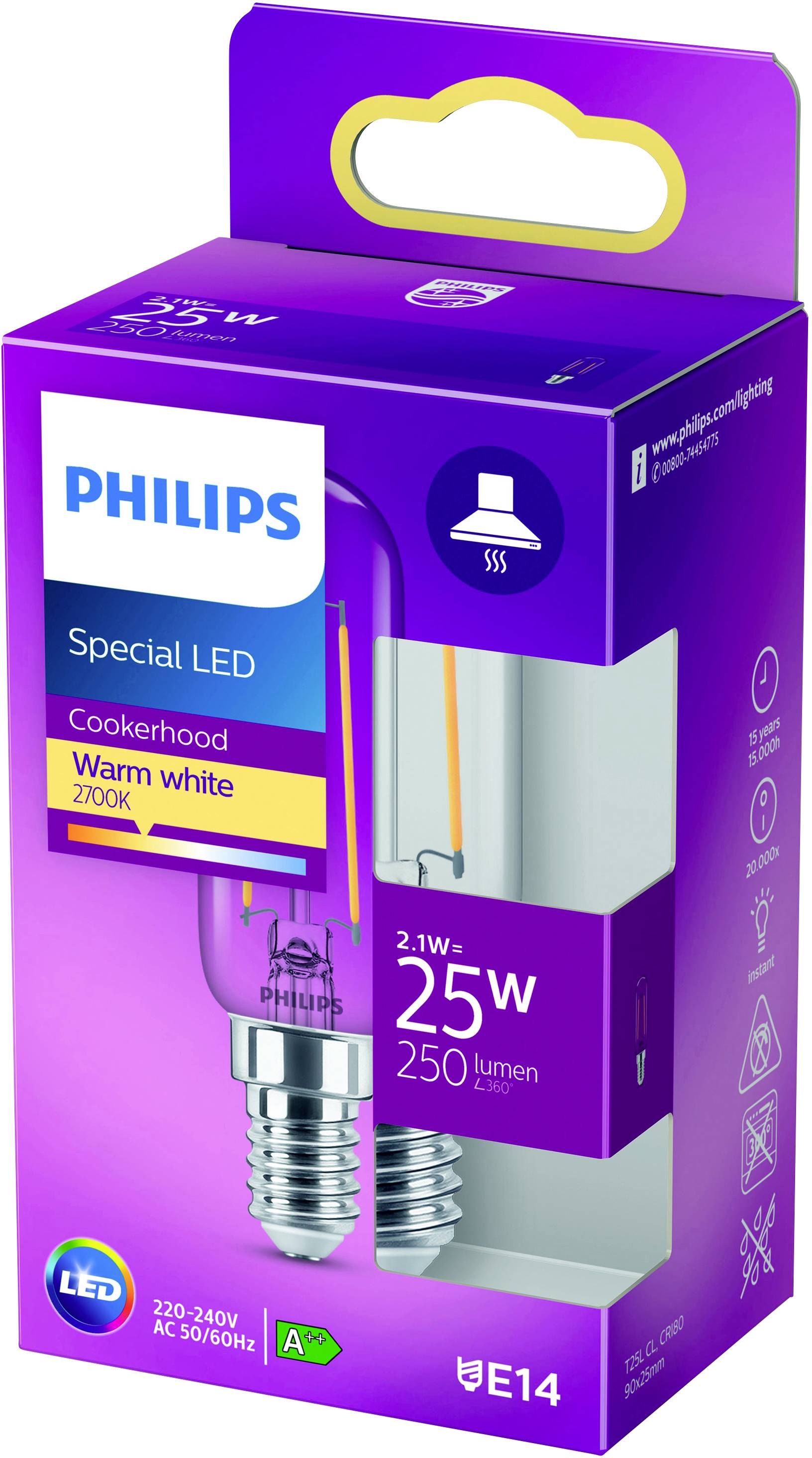 'Philips Špeciálna LED E14, 25W, 250 lúmenov, teplá biela, vhodná pre digestory, energetická trieda A++.'