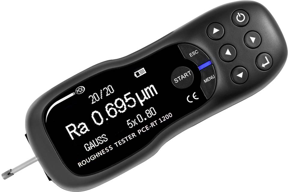 Prístroj na meranie drsnosti povrchu s digitálnym displejom zobrazuje 'Ra 0,695 μm'. Viditeľné sú tlačidlá na navigáciu a ŠTART.