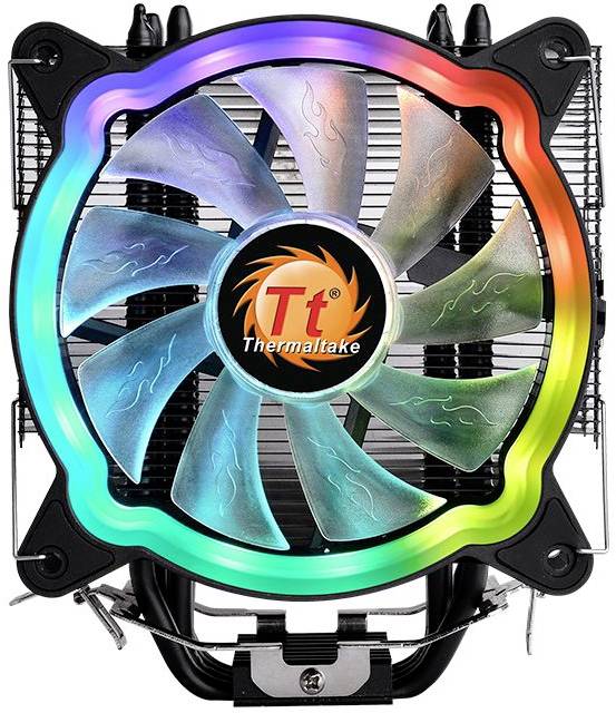 Počítačový ventilátor od Thermaltake s priehľadnými krídlami a RGB podsvietením vo farbách dúhy, vhodný pre chladenie počítača.