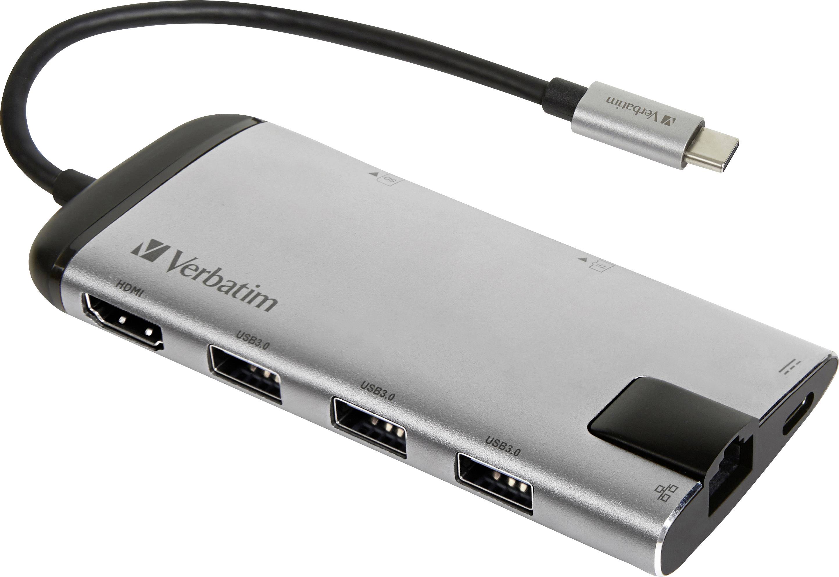Strieborný USB-C hub s logom značky, ktorý ponúka viacero portov: HDMI, USB a priestor pre SD kartu, vhodný pre notebooky.