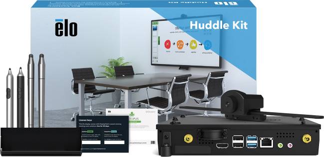 Huddle Kit od Elo: Súprava pre videokonferencie, pozostávajúca z kamery, pier, pripojovacej stanice a licencie. Balenie zobrazuje obrázok konferenčnej miestnosti.