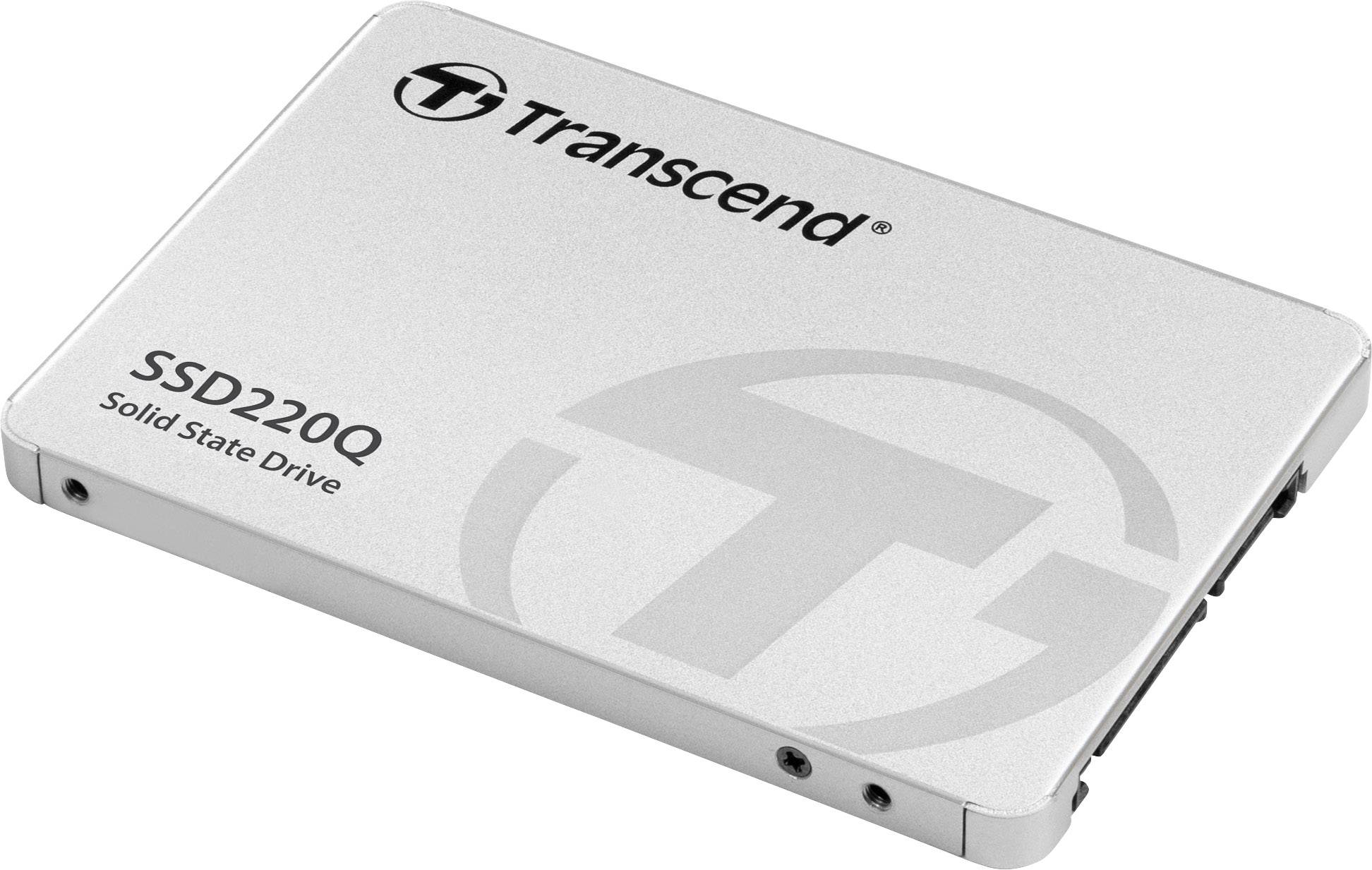 Diskové úložisko SSD220Q Solid State Drive od Transcendu na bielom pozadí. Tenké, obdĺžnikového tvaru, s logom v ľavom hornom rohu.