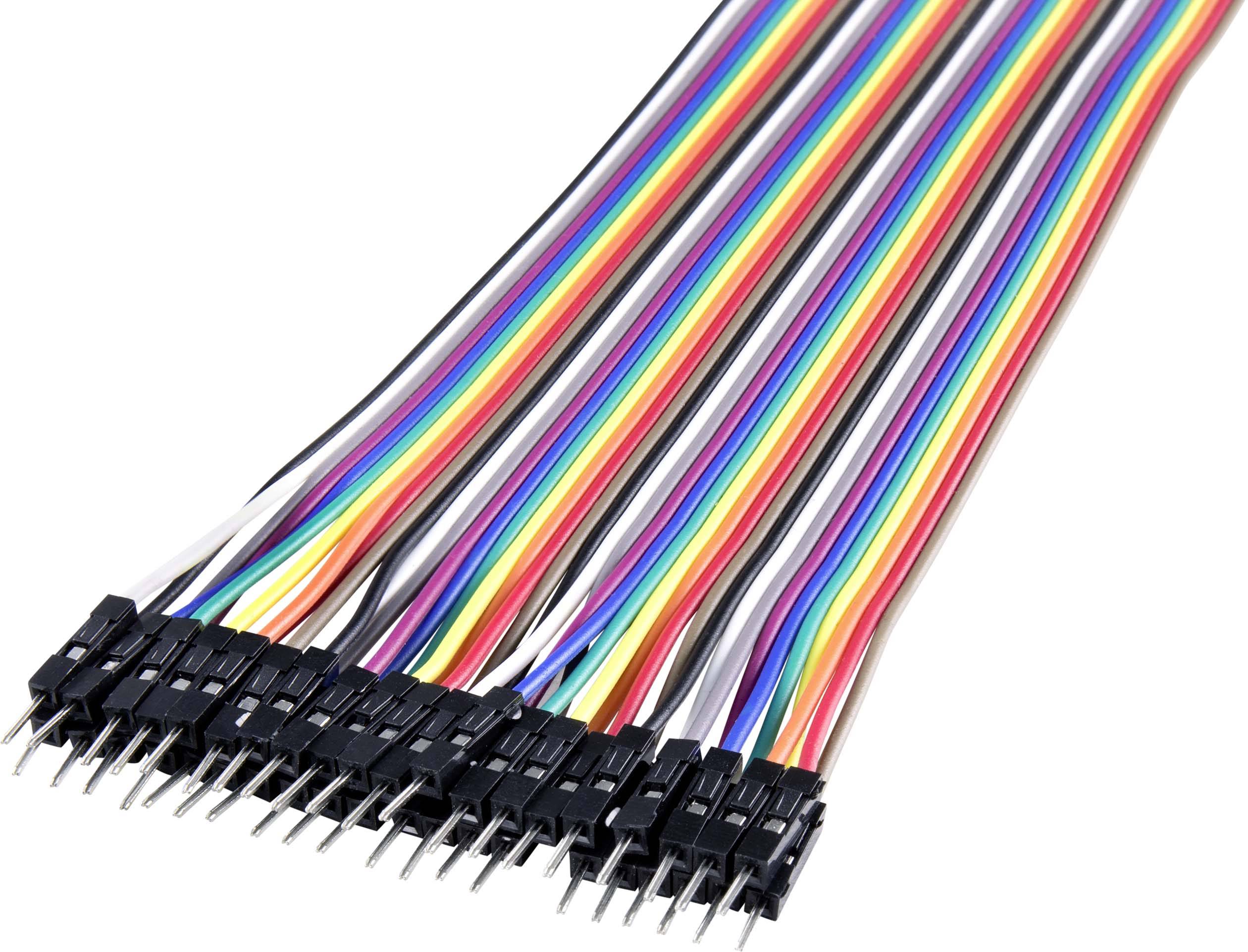 Viacfarebné jumpre s konektormi, vhodné pre nepájané dosky alebo Arduino projekty, usporiadané vedľa seba.