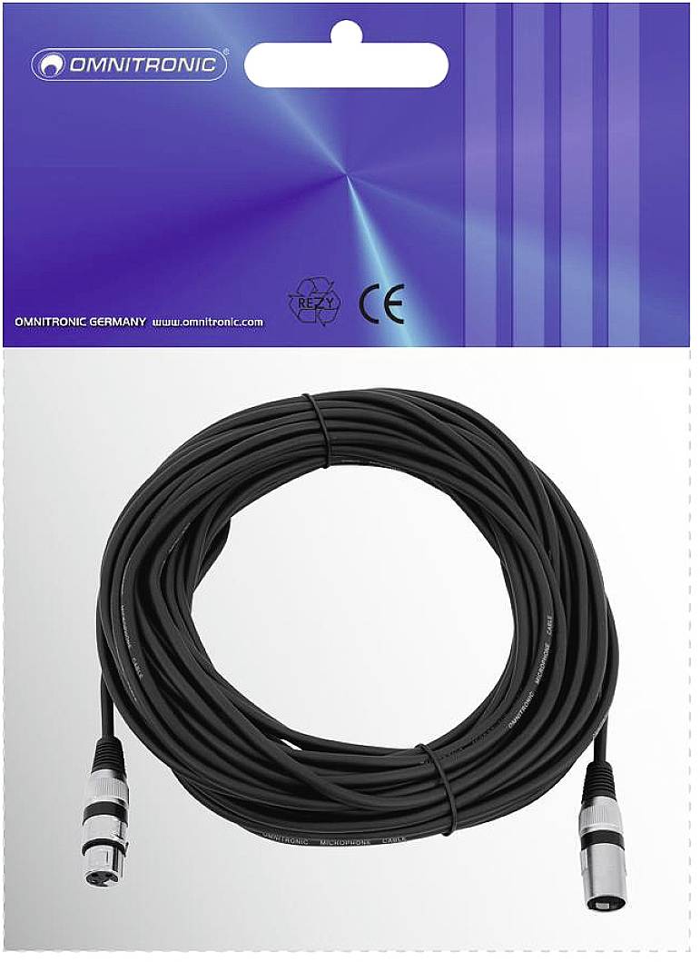 XLR kábel od Omnitronic, 10 metrov dlhý, pre profesionálne audio pripojenie. Obal zobrazuje značku a certifikáty.