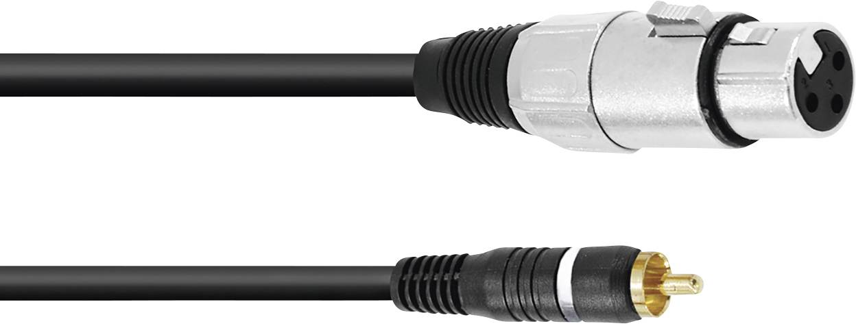 Čierny audio kábel s XLR konektorom na jednej strane a RCA konektorom na druhej strane, určený pre audio prepojenia.