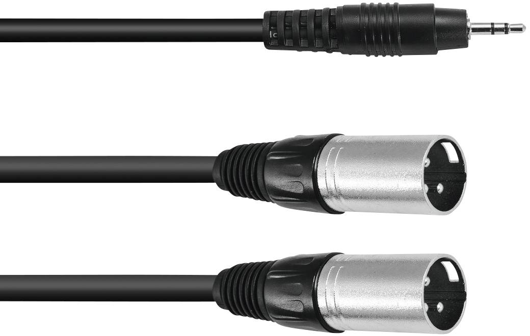 Čierny kábel s 3,5 mm jack konektorom hore a dvoma XLR konektormi dole, vhodný pre audio prepojenia.
