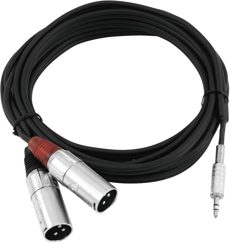 Dlhý audiokábel s dvoma striebornými XLR konektormi a jedným strieborným jackom, ideálny pre audio prepojenia.
