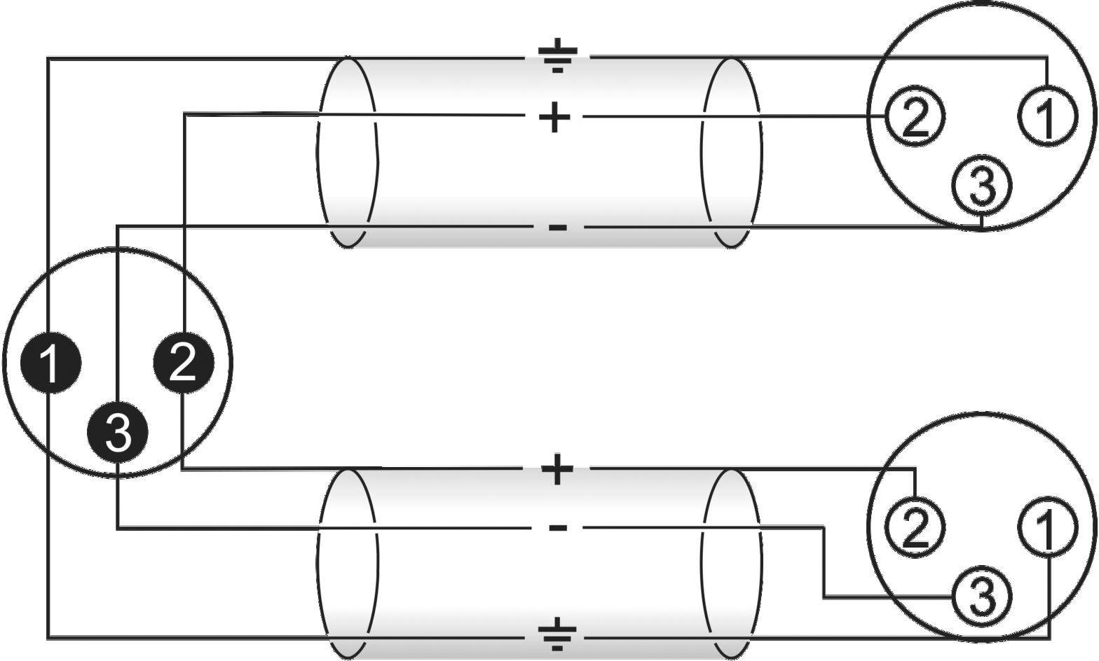 Schematický diagram zobrazuje dva paralelné elektrické obvody, pričom každý obsahuje dve žiarovky. Každá žiarovka je pripojená k očíslovaným konektorom: 1, 2, 3.