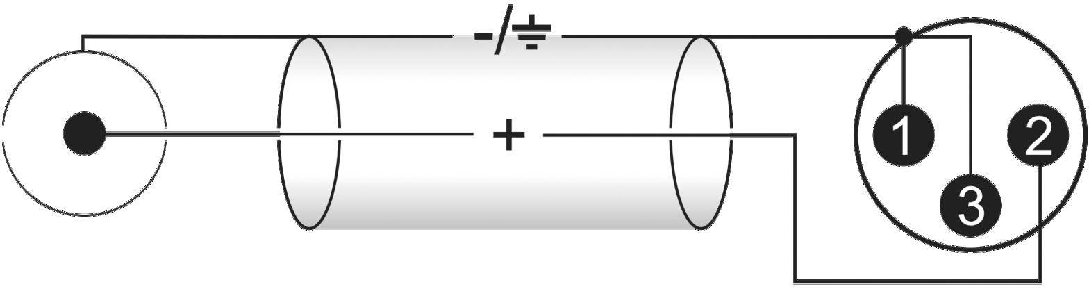 Elektrický obvod s troma očíslovanými prvkami: kruh, valec s '+' a '-/≠', a ďalší kruh.