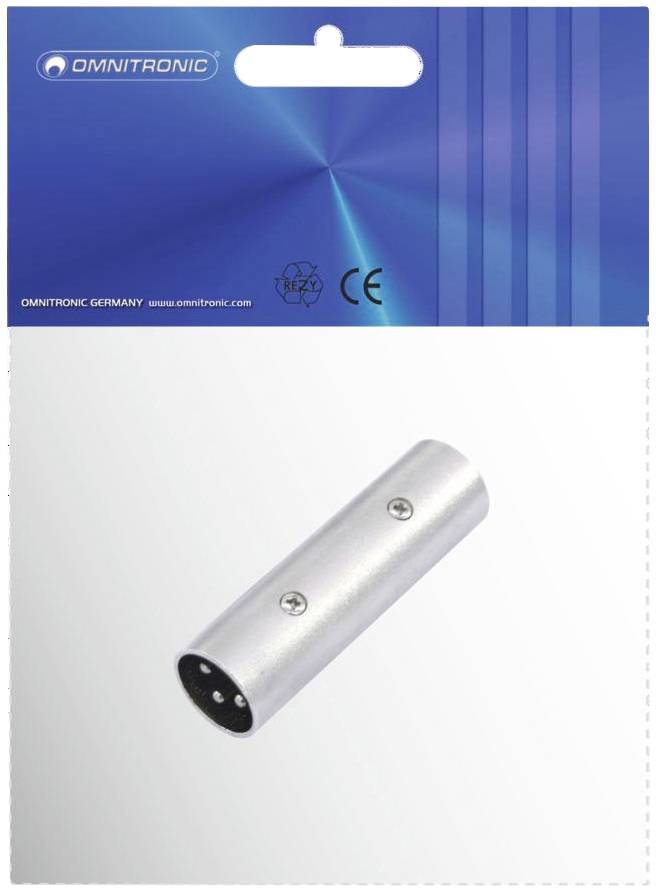 Strieborný audio adaptér v obale s modrým dizajnom spoločnosti Omnitronic a označením CE.