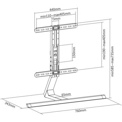 Diagram TV stojanu s rozmermi: Celková výška 585-735 mm, šírka 760 mm, hĺbka 343 mm. Nastaviteľný držiak 190-405 mm vysoký.