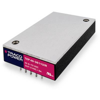 Obdĺžnikový elektronický modul od TRACO POWER s nápisom 'IN: 9-75 VDC, OUT: 5 VDC / 8A', ktorý zobrazuje vstupné a výstupné napätie.