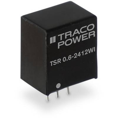 Čierny napäťový menič s nápisom 'TRACO POWER TSR 0.6-2412WI' zobrazuje tri zástrčkové kontakty na spodnej strane.