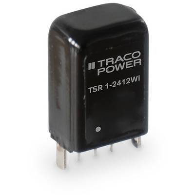 Čierny napäťový regulátor od TRACO POWER, model TSR 1-2412WI, so štyrmi pripojeniami.