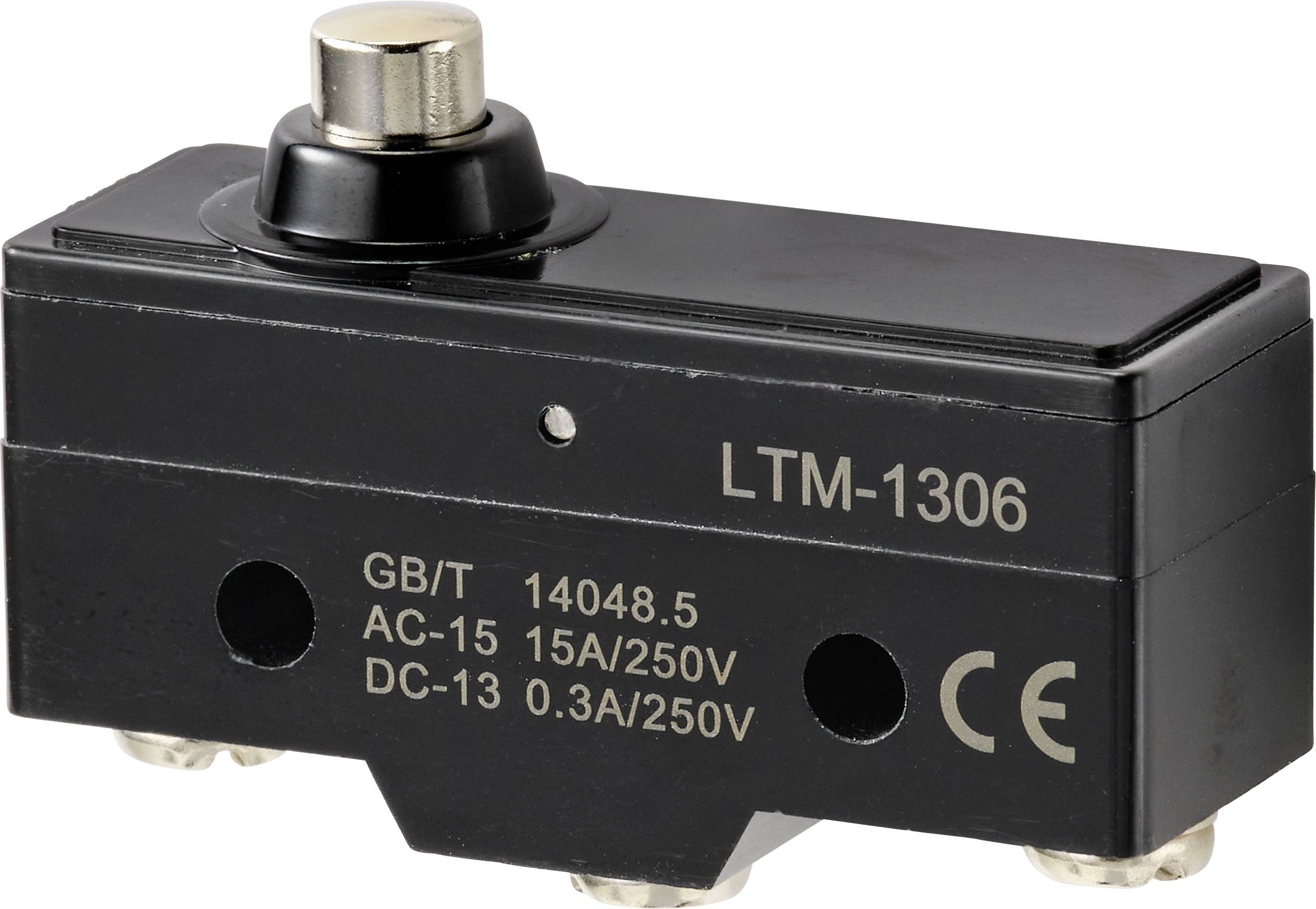 Čierny mikrospínač s nápisom 'LTM-1306', s certifikáciou CE a údajmi o intenzite prúdu a napätí: AC-15 15A/250V, DC-13 0,3A/250V.