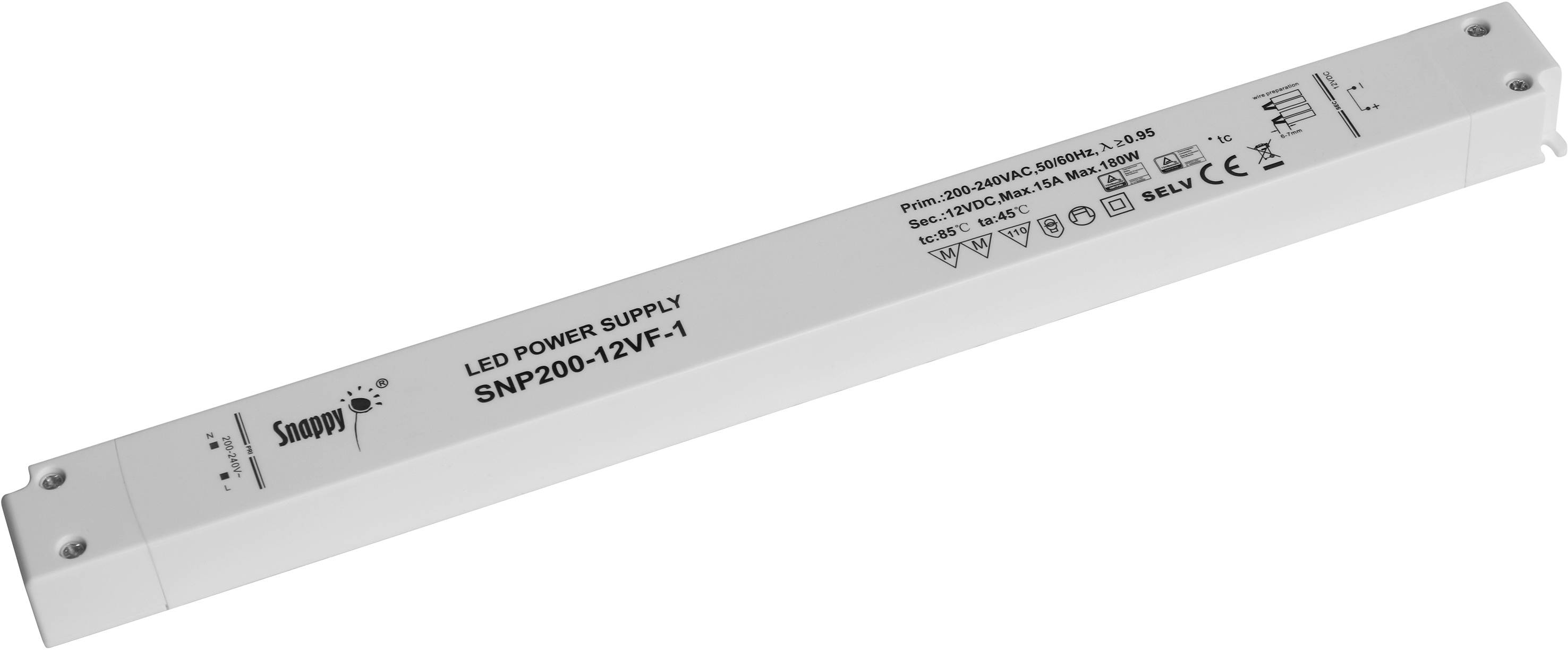 LED napájací zdroj s modelovým číslom SNP200-12VF-1, biely obdĺžnikový kryt, s vytlačenými viacerými certifikačnými logami a technickými špecifikáciami.