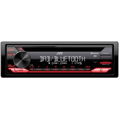 Autorádio od JVC s digitálnym displejom, zobrazuje 'DAB/BLUETOOTH'. Ovládacie tlačidlá a regulátor hlasitosti sú podsvietené na červeno.