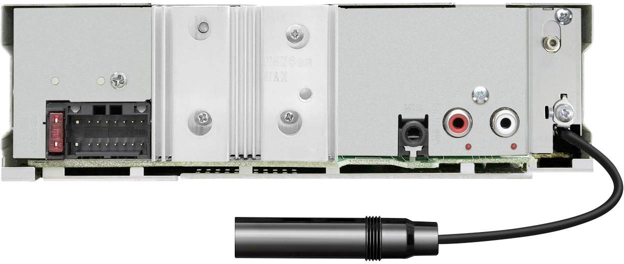 Sivé elektronické zariadenie so zásuvkami a čiernym káblom visiacim z pravej strany.