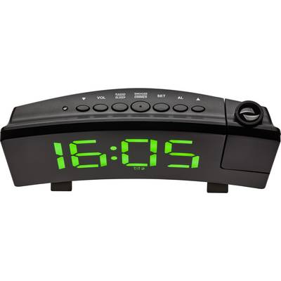 Digitálny budík so zelenou LED displejom zobrazuje '16:05'. V hornej časti sú tlačidlá pre hlasitosť, rádio, funkciu driemok a nastavenie.