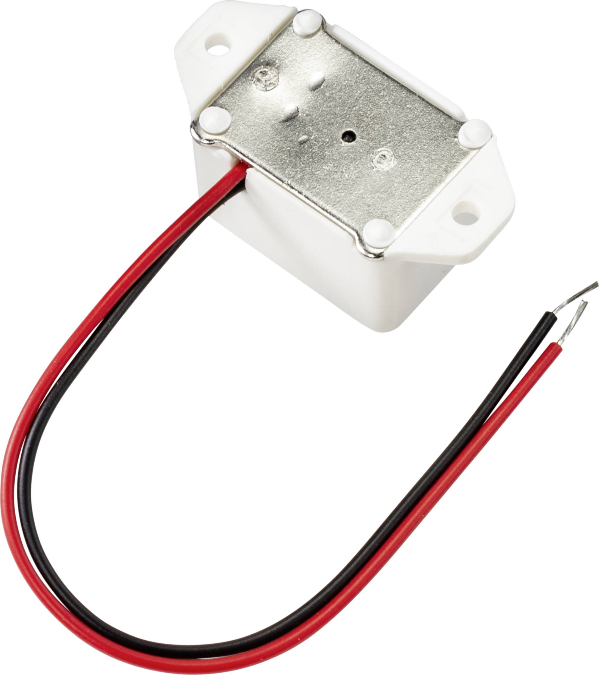 Biely elektrický transformátor s červeným a čiernym káblom, kovovým krytom a dvoma upevňovacími otvormi.