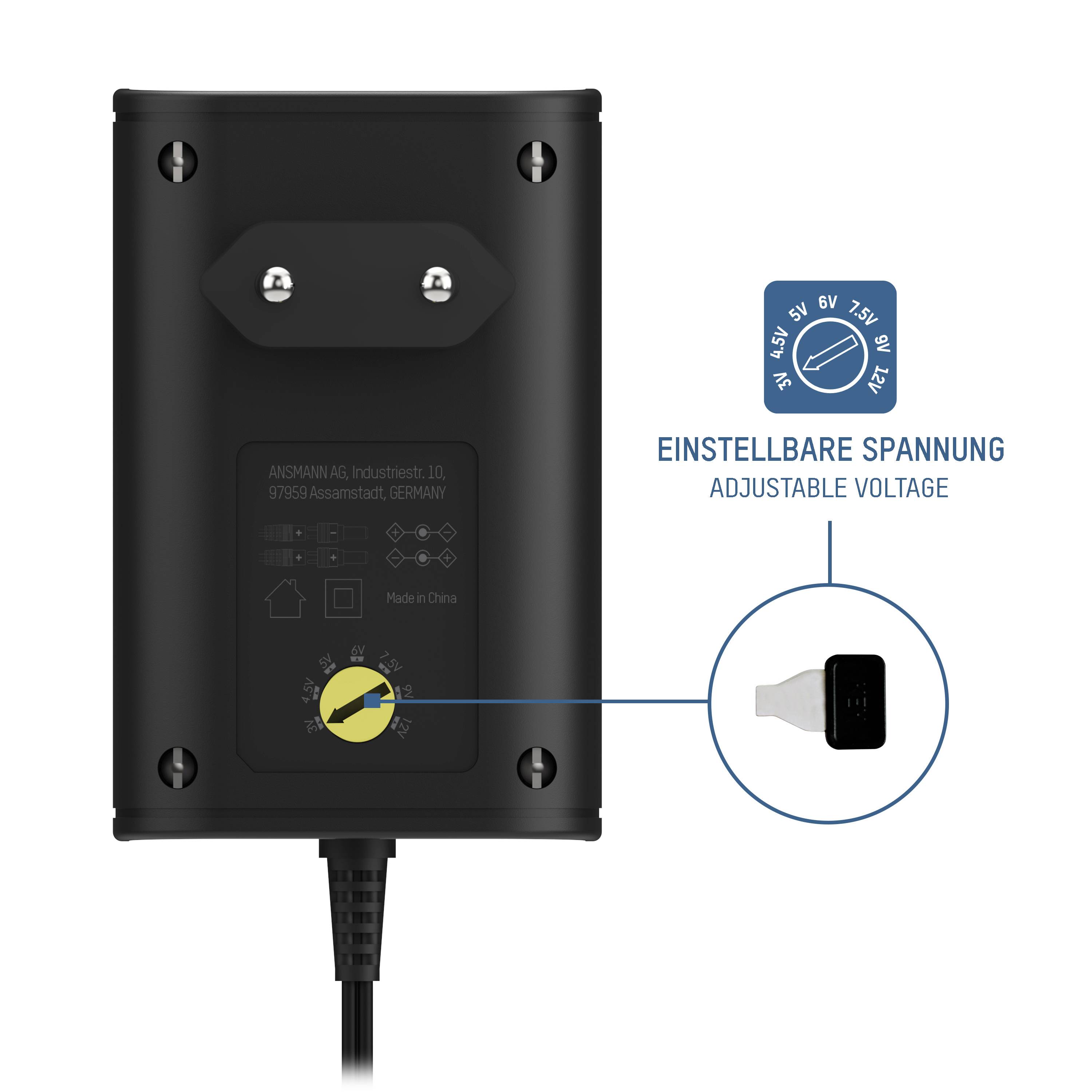 Čierno-sivý adaptér s nastaviteľným napätím, znázornený ako otočný gombík. Popis: 'Nastaviteľné napätie'.